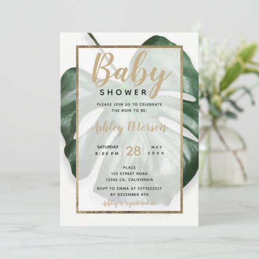 Gold tropical green monstera leaf baby shower kaart (Staand voorkant)