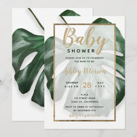 Gold tropical green monstera leaf baby shower kaart (Voorkant / Achterkant)