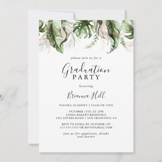 Gold Tropical Greenery Graduy Party Kaart (Voorkant)