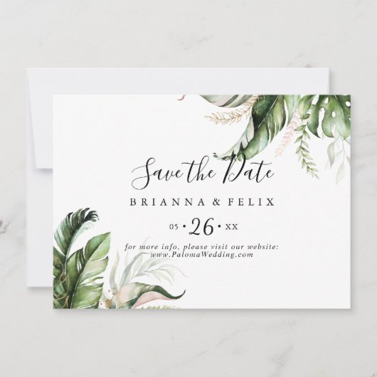 Gold Tropical Greenery Horizontal Wedding Save The Date (Voorkant)