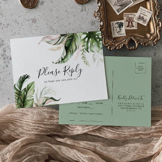 Gold Tropical Greenery Menu Keuze RSVP Briefkaart