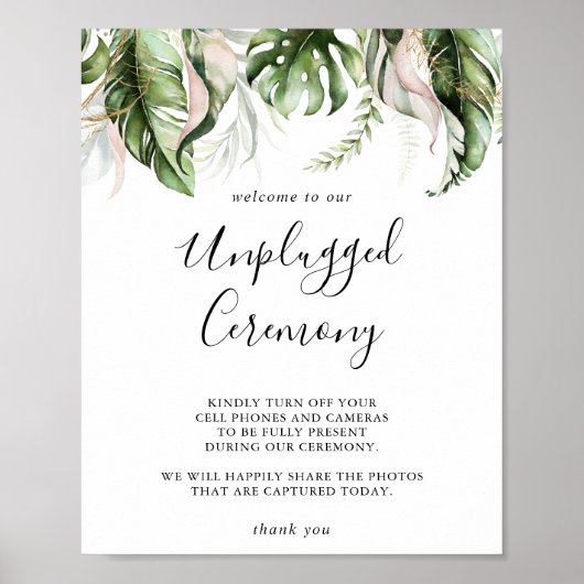 Gold Tropical Greenery Unplugged Ceremony Sign Poster (Voorkant)