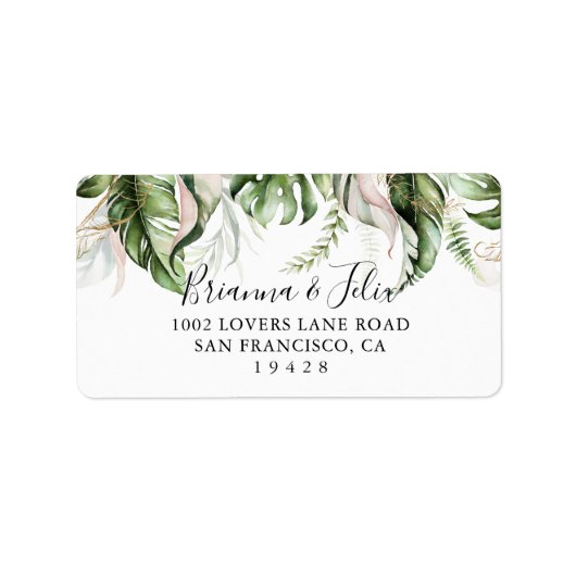 Gold Tropical Greenery Wedding RSVP-adreslabel Etiket (Voorkant)