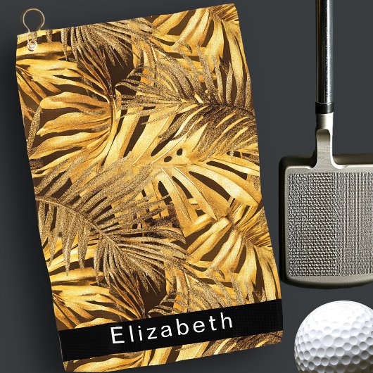 Gold Tropical Leaves Personalized Golfhanddoek