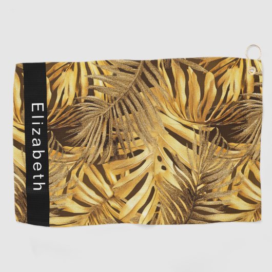 Gold Tropical Leaves Personalized Golfhanddoek (Horizontaal)