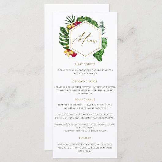 Gold Tropical Leaves Wedding Menu (Voorkant / Achterkant)
