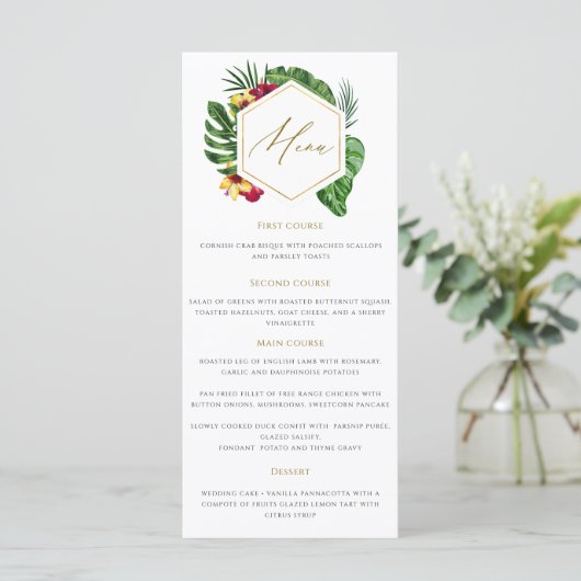 Gold Tropical Leaves Wedding Menu (Staand voorkant)