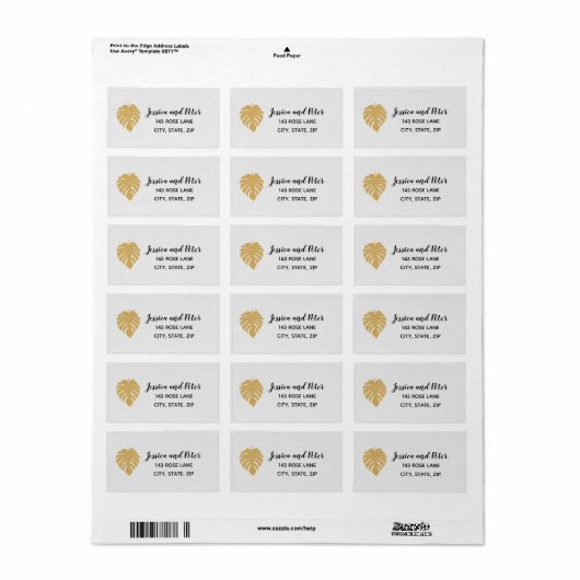 Gold Tropical Monstera Leaf Return Label (Full Sheet)