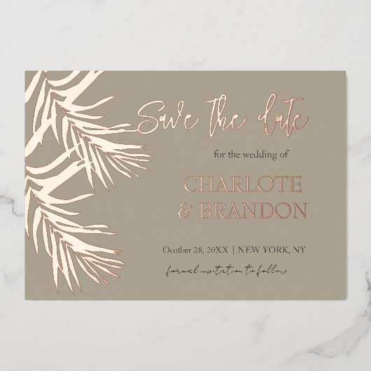 Gold Tropical Palm Leaf Wedding Save the Date Folie Uitnodiging (Voorkant)