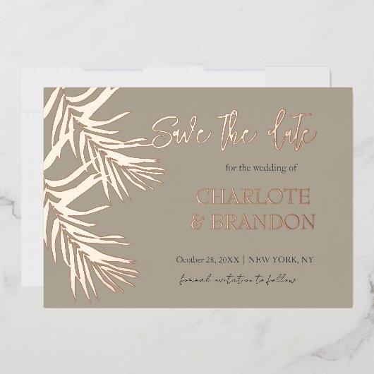 Gold Tropical Palm Leaf Wedding Save the Date Folie Uitnodiging (Envelop)