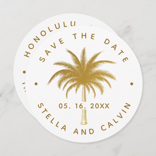Gold Tropical Palm Tree Photo Weddenschap Save The Date (Voorkant / Achterkant)