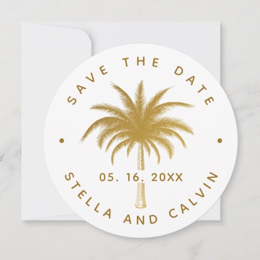 Gold Tropical Palm Tree Photo Weddenschap Save The Date (Voorkant)
