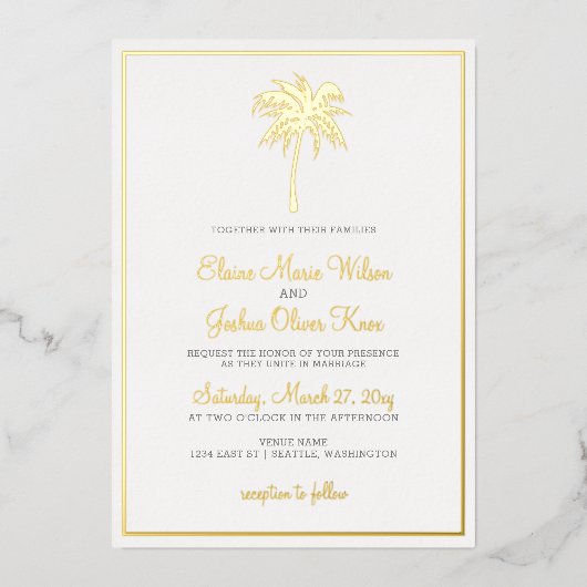 Gold Tropical Palm Tree Wedding Invitations Folie Uitnodiging (Voorkant)