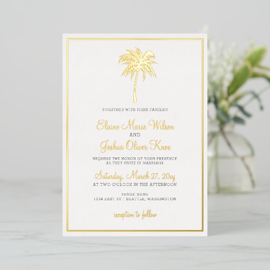 Gold Tropical Palm Tree Wedding Invitations Folie Uitnodiging (Staand Voorkant)