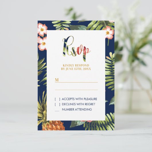 Gold Tropical Summer Wedding RSVP Insert Kaart (Staand voorkant)