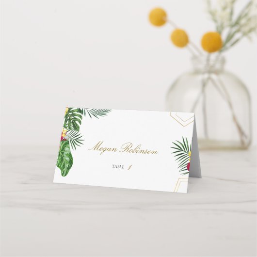 Gold Tropical Wedding Floral Tent Place Card Plaatskaartje (Voorkant)