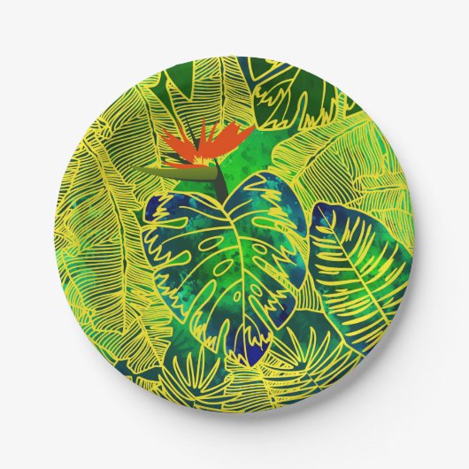 Gold Tropisch Oerwoud Groen laat Waterverf achter Papieren Bordje (Voorkant)