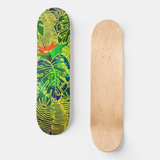 Gold Tropisch Oerwoud Groen laat Waterverf achter Persoonlijk Skateboard (Voorkant)