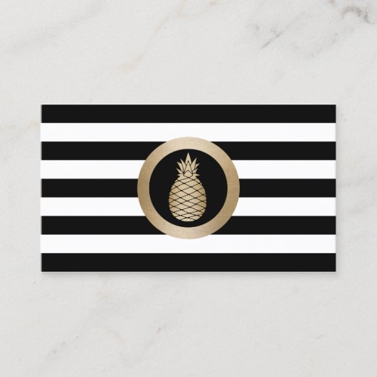 Gold Tropische anananas Modern Black White Stripes Visitekaartje (Voorkant)