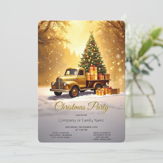 Gold Truck Christmas Tree Holiday Party Invitation Kaart (Staand voorkant)