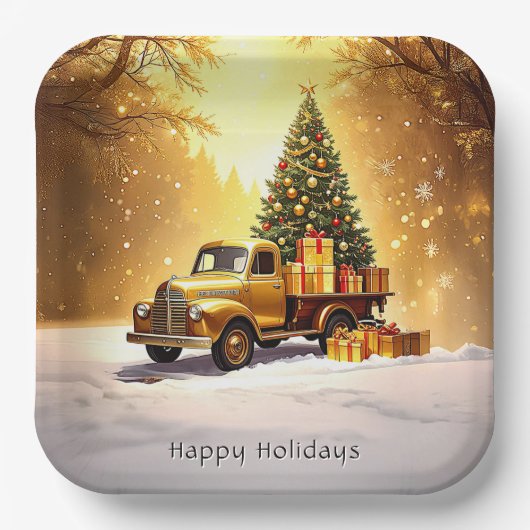 Gold Truck Kerstboom Vakantiepapier Bord (Voorkant)
