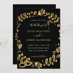 Gold Tulips Black Wedding Invitation - Champagne