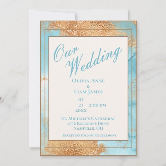 Gold Turquoise Abstract Script Wedding Kaart (Voorkant)