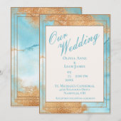 Gold Turquoise Abstract Script Wedding Kaart (Voorkant / Achterkant)