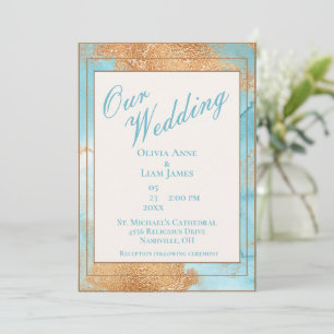 Gold Turquoise Abstract Script Wedding Kaart