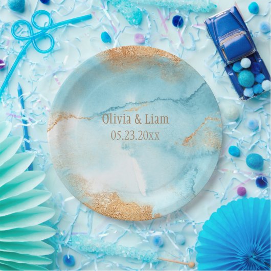 Gold Turquoise Abstracte naam Modern Wedding Papieren Bordje (Feest)
