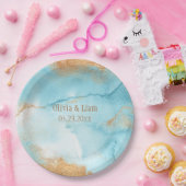 Gold Turquoise Abstracte naam Modern Wedding Papieren Bordje (Feest)