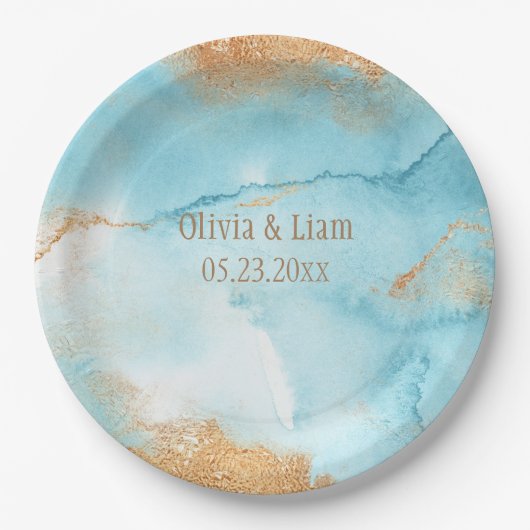 Gold Turquoise Abstracte naam Modern Wedding Papieren Bordje (Voorkant)