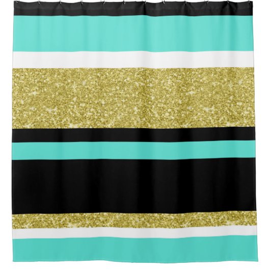 Gold Turquoise Black Stripe Shower Curtain Douchegordijn (Voorkant)