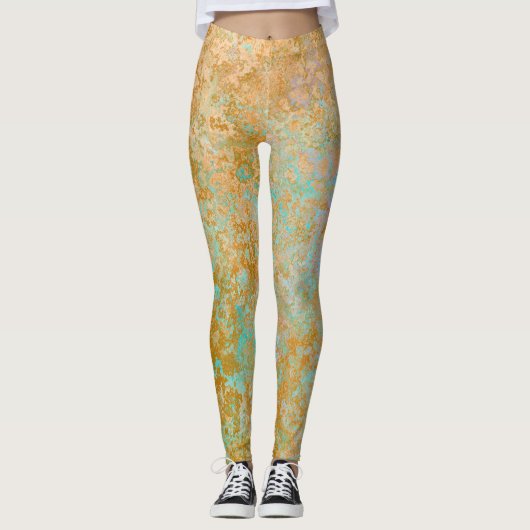 Gold & Turquoise Blue Patina Alcohol Ink Abstract Leggings (Voorkant)