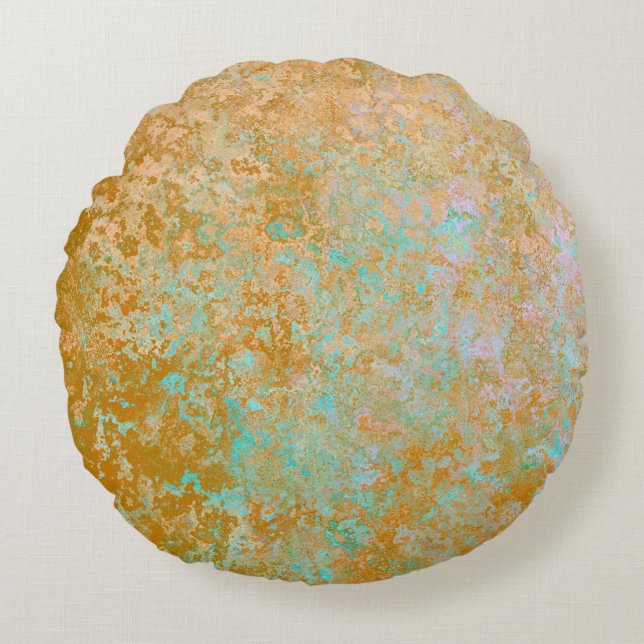 Gold & Turquoise Blue Patina Alcohol Ink Abstract Rond Kussen (Voorkant)