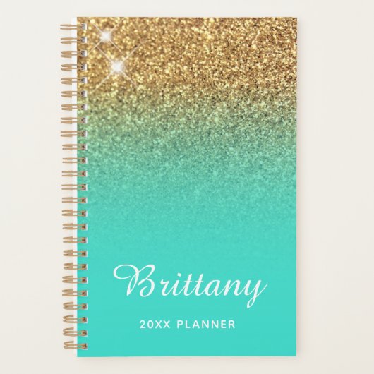 Gold Turquoise Glitter Ombre Personalized Planner (Voorkant)