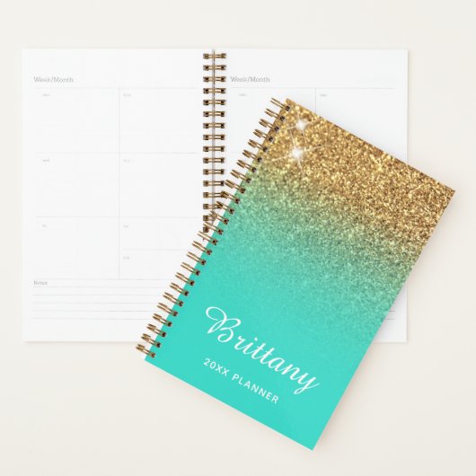 Gold Turquoise Glitter Ombre Personalized Planner (Display)