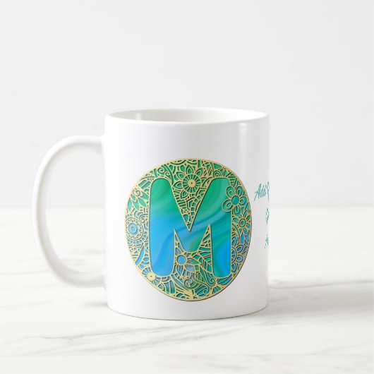 Gold, Turquoise letter M en Colorful Flowers Koffiemok (Links)