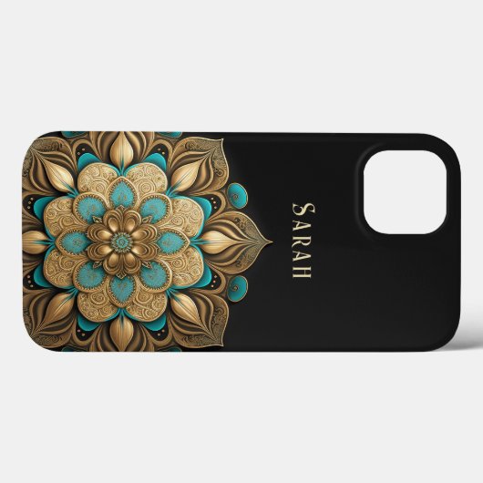 Gold Turquoise Lotus Flower Black Case-Mate iPhone Case (Achterkant (horizontaal))