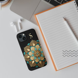 Gold Turquoise Lotus Flower Black Monogram Case-Mate iPhone Case