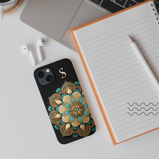 Gold Turquoise Lotus Flower Black Monogram Case-Mate iPhone Case