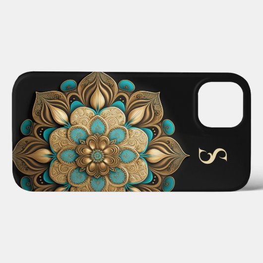 Gold Turquoise Lotus Flower Black Monogram Case-Mate iPhone Case (Achterkant (horizontaal))