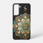 Gold Turquoise Lotus Flower Black Monogram Samsung Galaxy Hoesje (Achterkant)