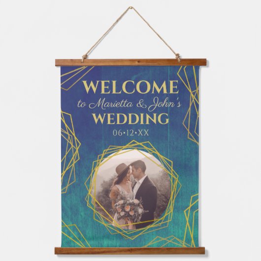 Gold Turquoise Rustic Crystal Wedding Welcome Sign Hangend Wandkleed (Voorkant)