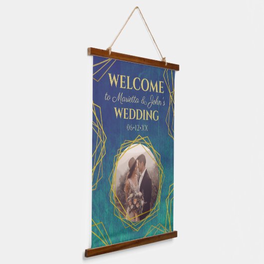 Gold Turquoise Rustic Crystal Wedding Welcome Sign Hangend Wandkleed (Gebogen)