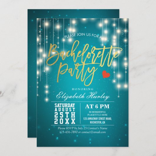 Gold Turquoise String Lights Bachelorette Party Kaart (Voorkant / Achterkant)