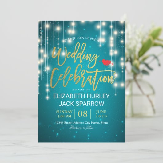 Gold & Turquoise String Lights Wedding Celebration Kaart (Staand voorkant)