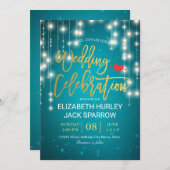 Gold & Turquoise String Lights Wedding Celebration Kaart (Voorkant / Achterkant)
