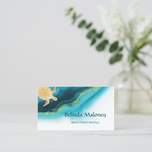 Gold Turtle Blauwgroen Ink Beach Front Rentes Visitekaartje (Staand voorkant)