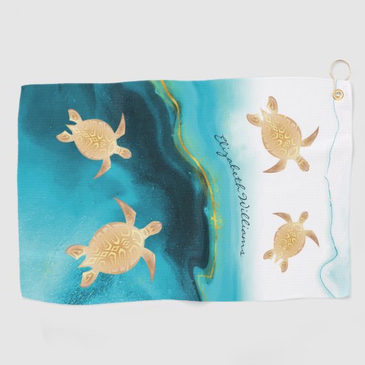 Gold Turtle Blauwgroen Ink Monogram Beach Golfhanddoek (Horizontaal)